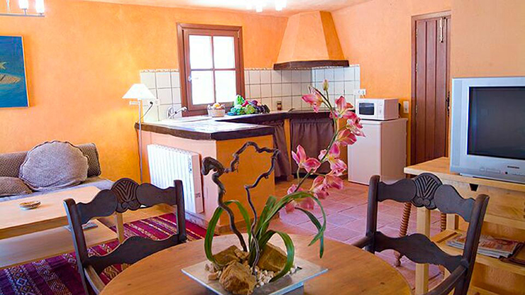 open kitchen and dining room with orange decorated walls