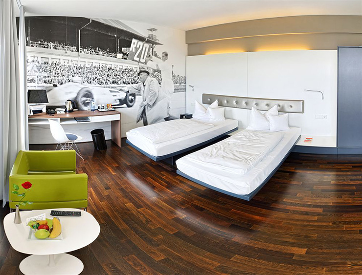 hotel v8 room with 2 beds and wall mural
