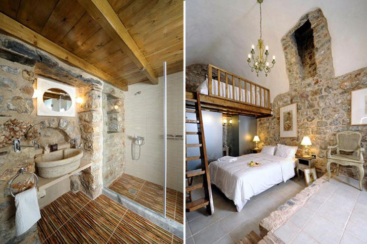 rustic style bedroom with bathroom at greek hotel